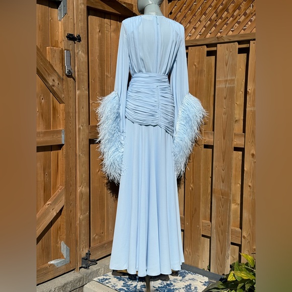 🆕 BRONX & BANCO 🧿 NWOT Geisha Feather-Trim Maxi Dress, Powder Blue - Sz M US 6 - Picture 8 of 16